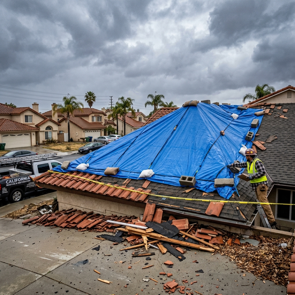 Blue emergency tarp secured over storm-damaged roof — American Highland Roofing