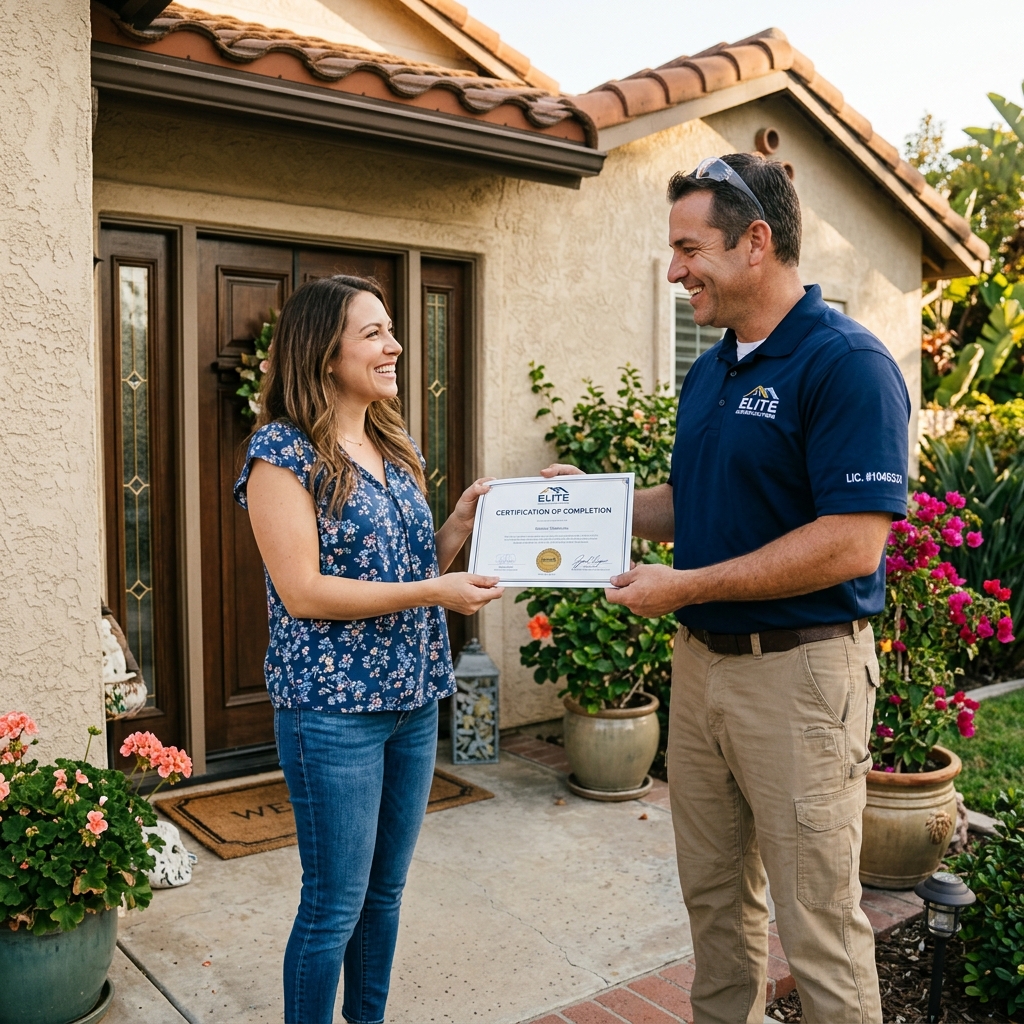 Roofing contractor delivering certification document to homeowner