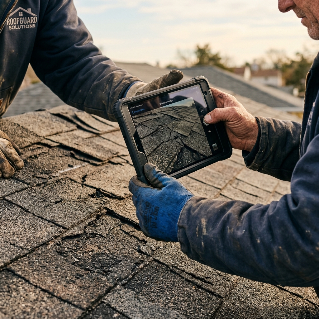 Roofer documenting cracked shingles during a roof inspection report