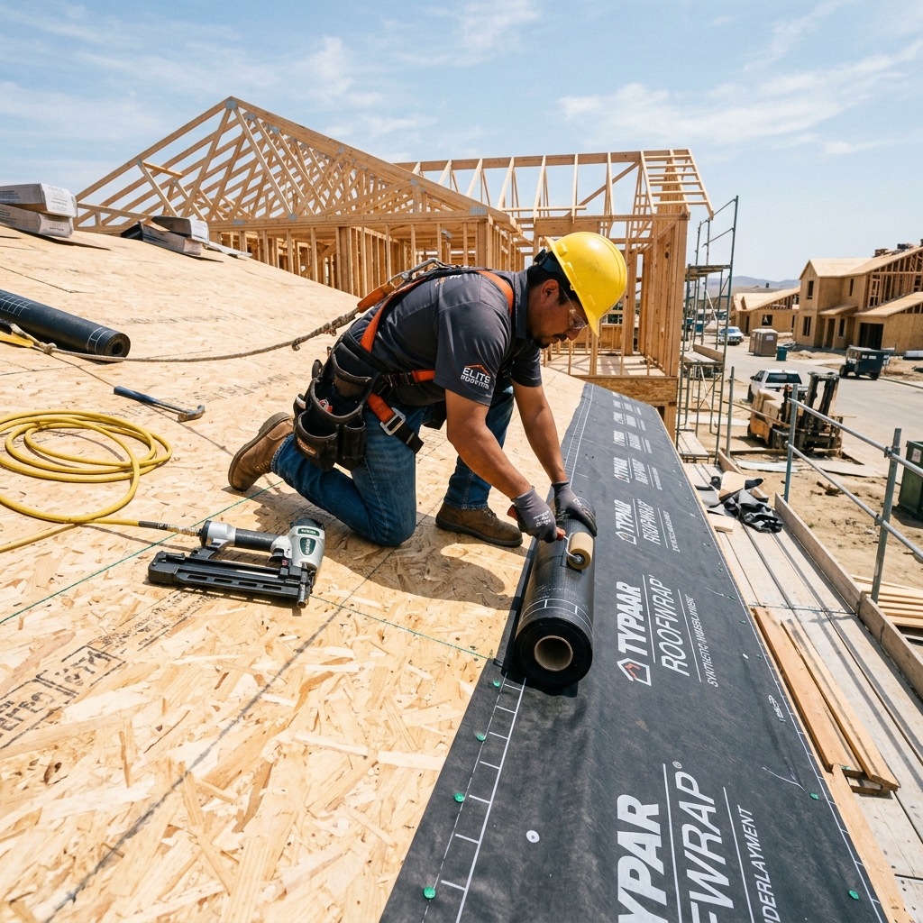 Roofer rolling out underlayment during new roof installation