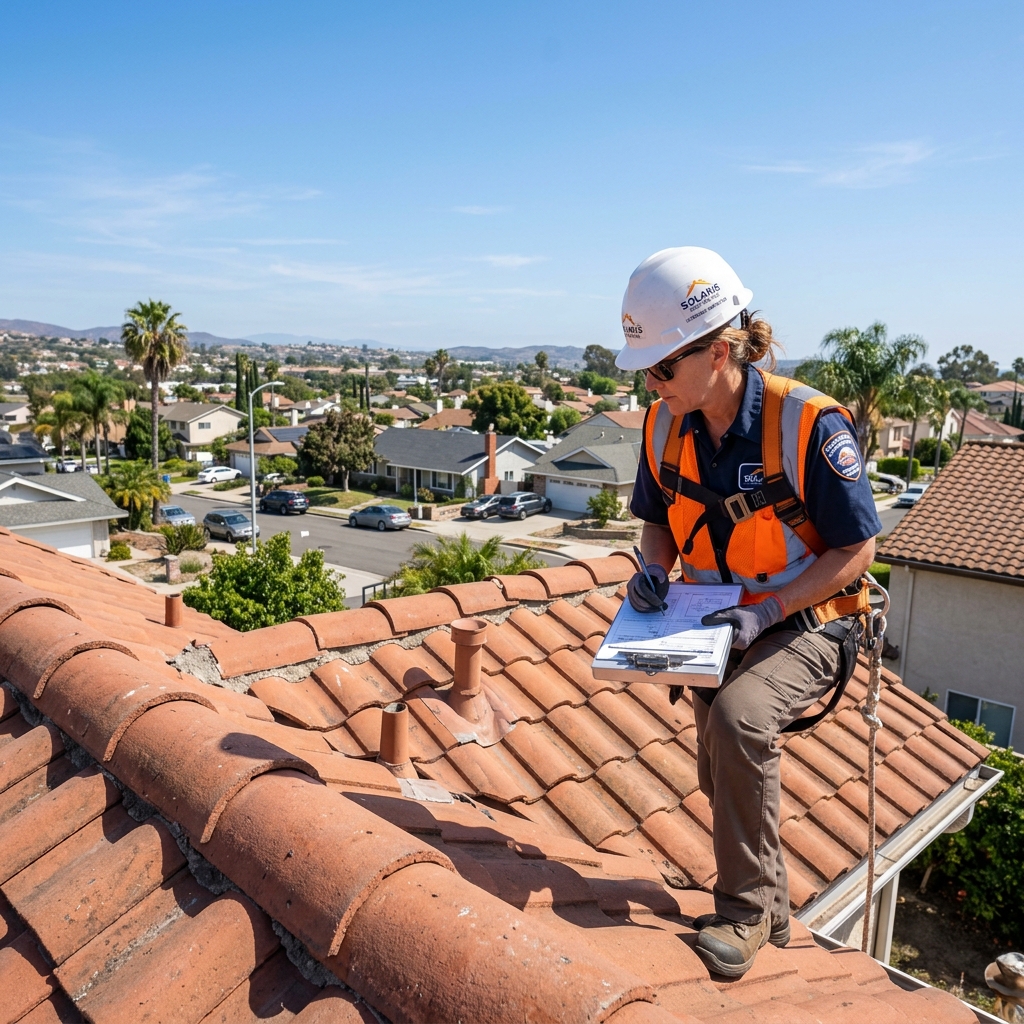 Licensed roof inspector examining a tile roof with clipboard