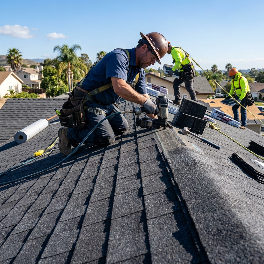 Architectural asphalt shingles being installed on a residential roof