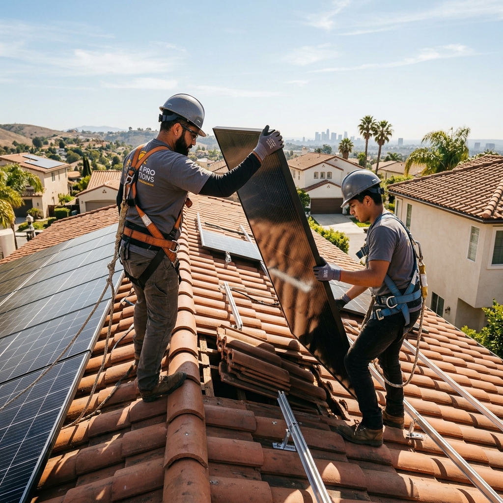 Roofers safely removing solar panels from tile roof for re-roofing project