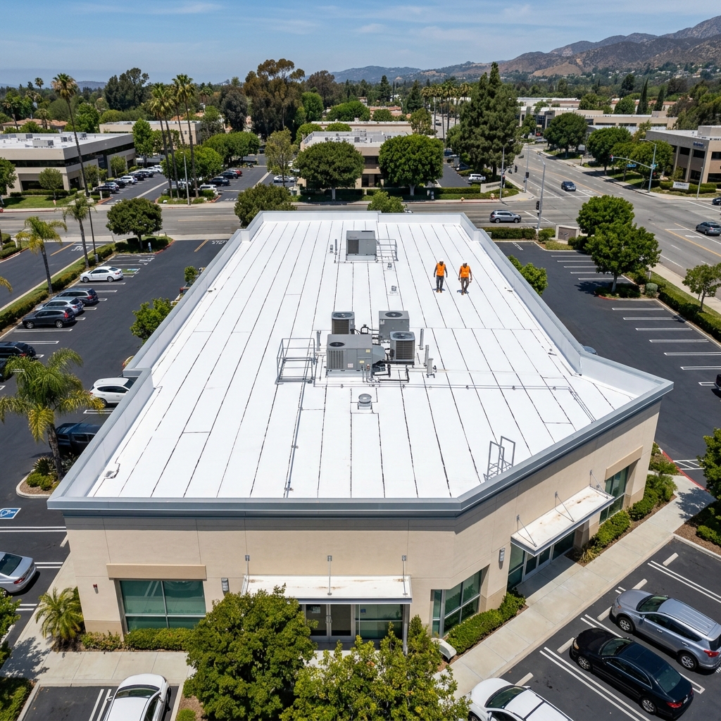 Professional flat roof installation on a commercial building in Corona, CA