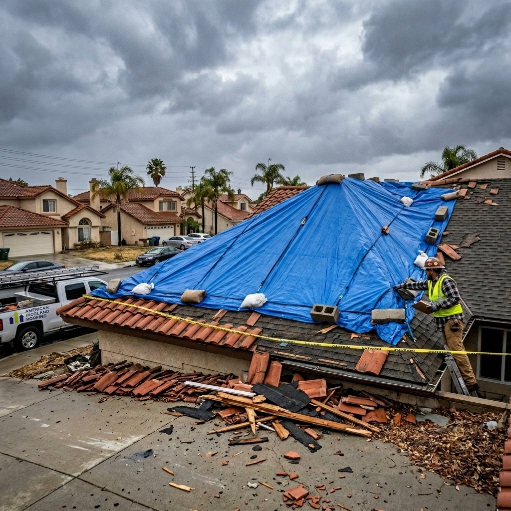Blue emergency tarp secured over storm-damaged roof — American Highland Roofing
