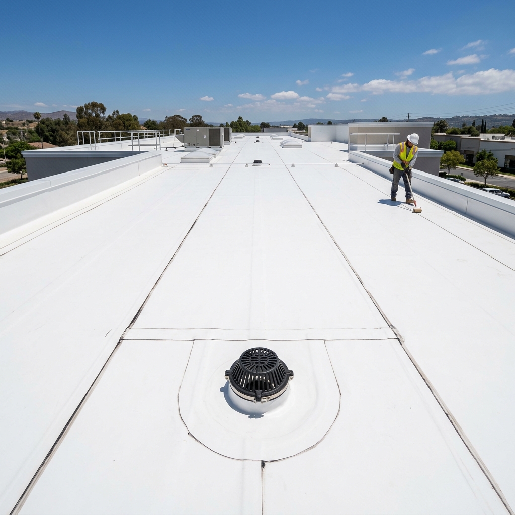 White flat roof membrane with heat-welded seams on commercial building