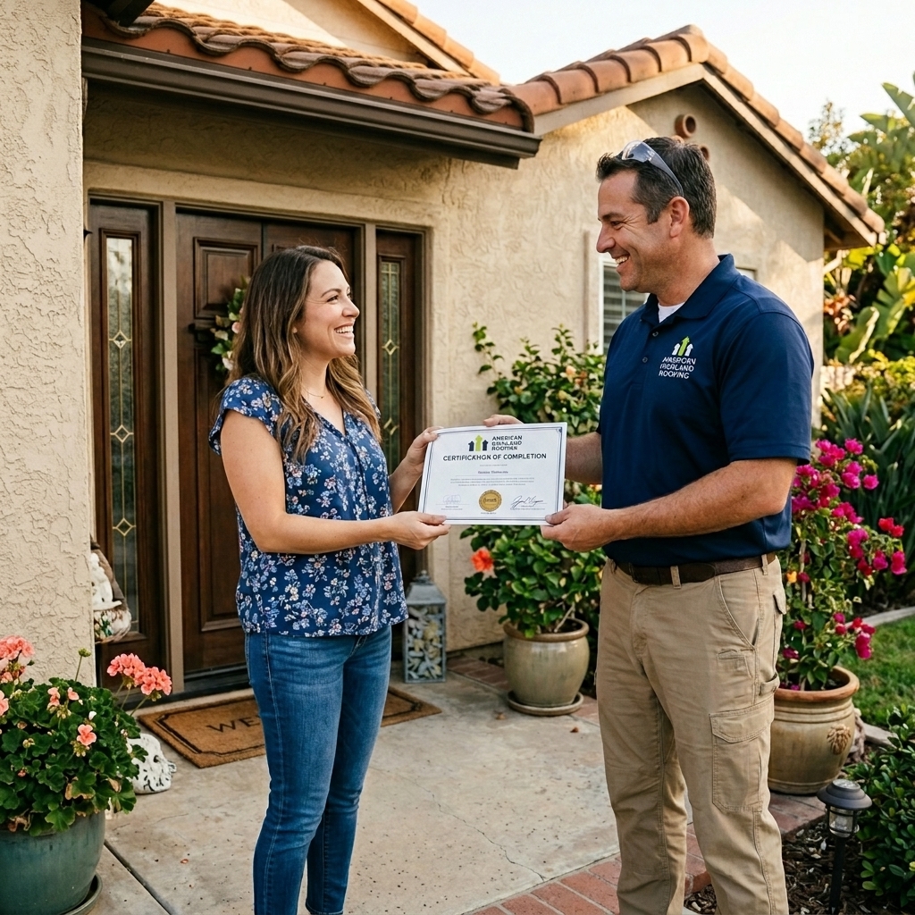Roofing contractor delivering certification document to homeowner