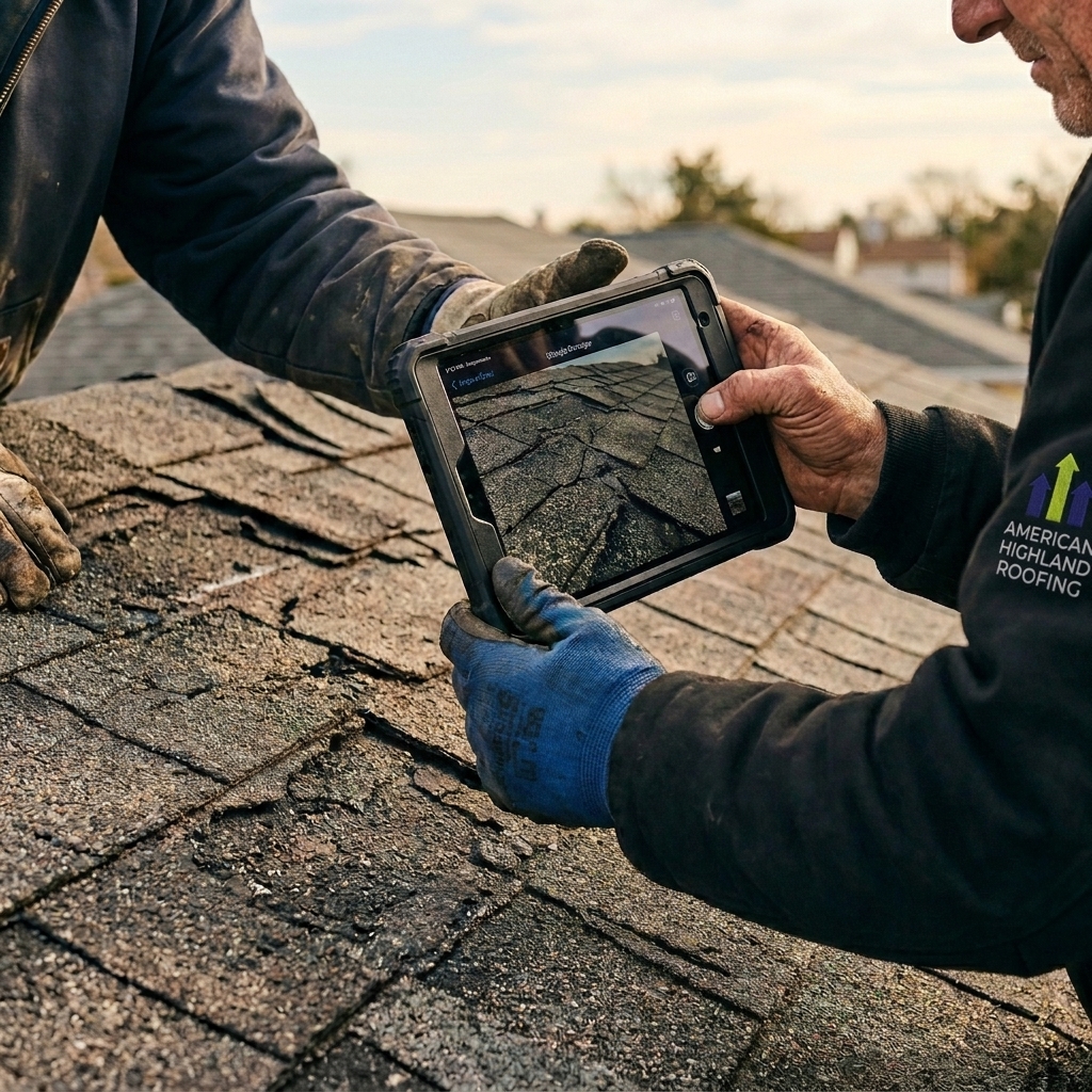 Roofer documenting cracked shingles during a roof inspection report