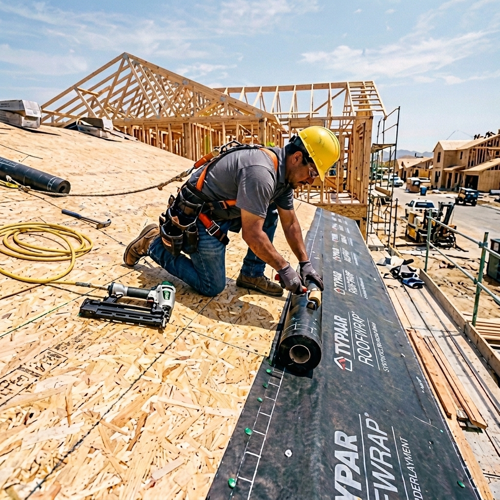 Roofer rolling out underlayment during new roof installation