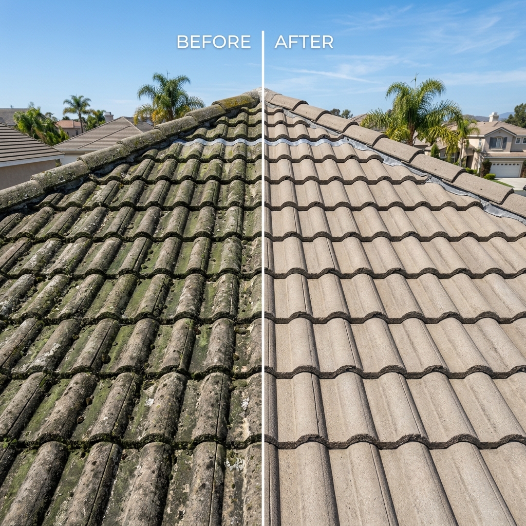 Before and after soft-wash roof cleaning showing algae removal from concrete tiles
