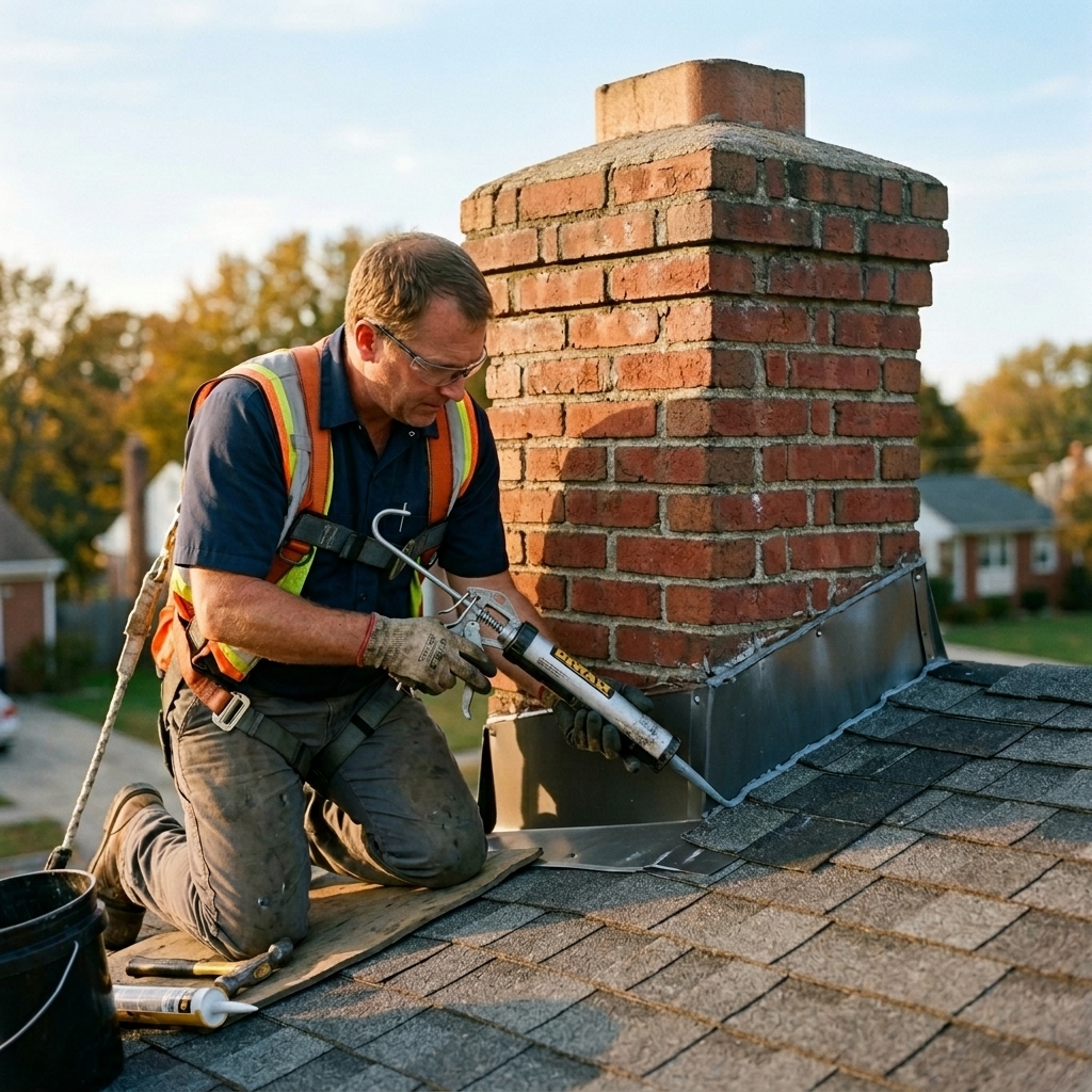 Licensed roofer resealing chimney flashing during a roof repair