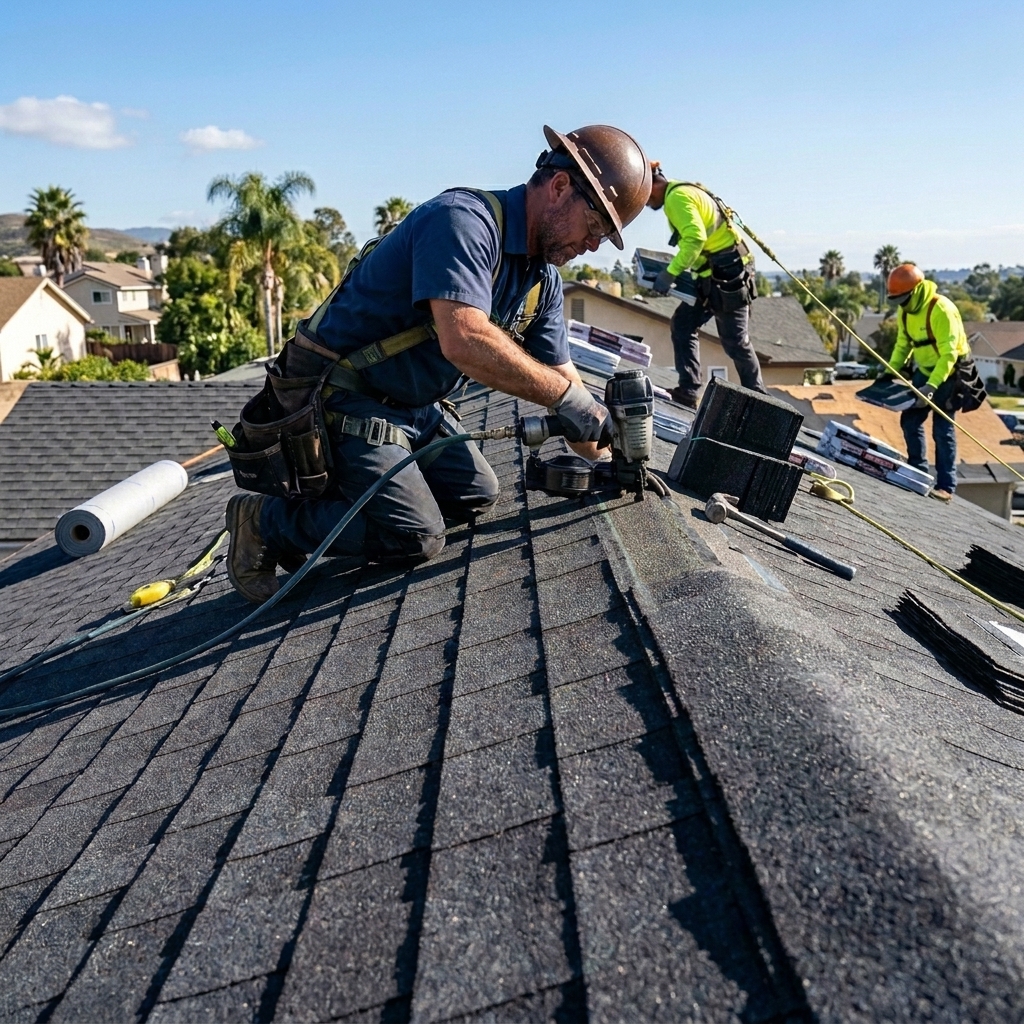 Architectural asphalt shingles being installed on a residential roof