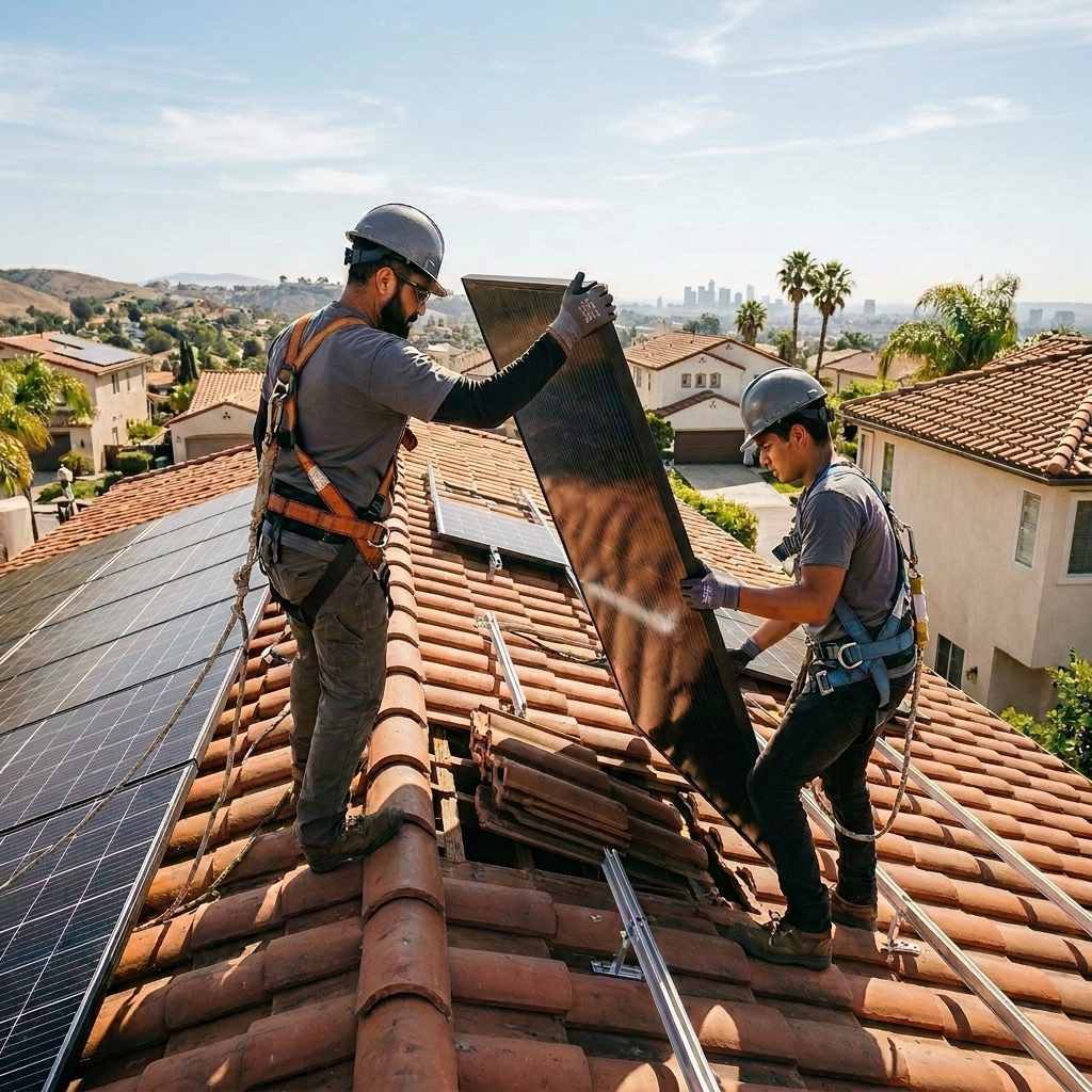 Roofers safely removing solar panels from tile roof for re-roofing project