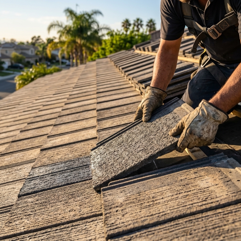 Roofer placing concrete tile during tile roof installation in Corona, CA